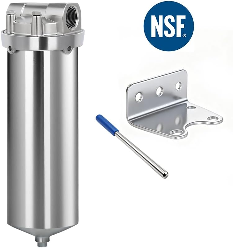 Amwater NSF/ANSI 42 Certification Stainless Steel Filter Housing for 10" Filter Cartridge, 3/4" NPT Water Filter Housing, Drain Valve Style C (Square Head)