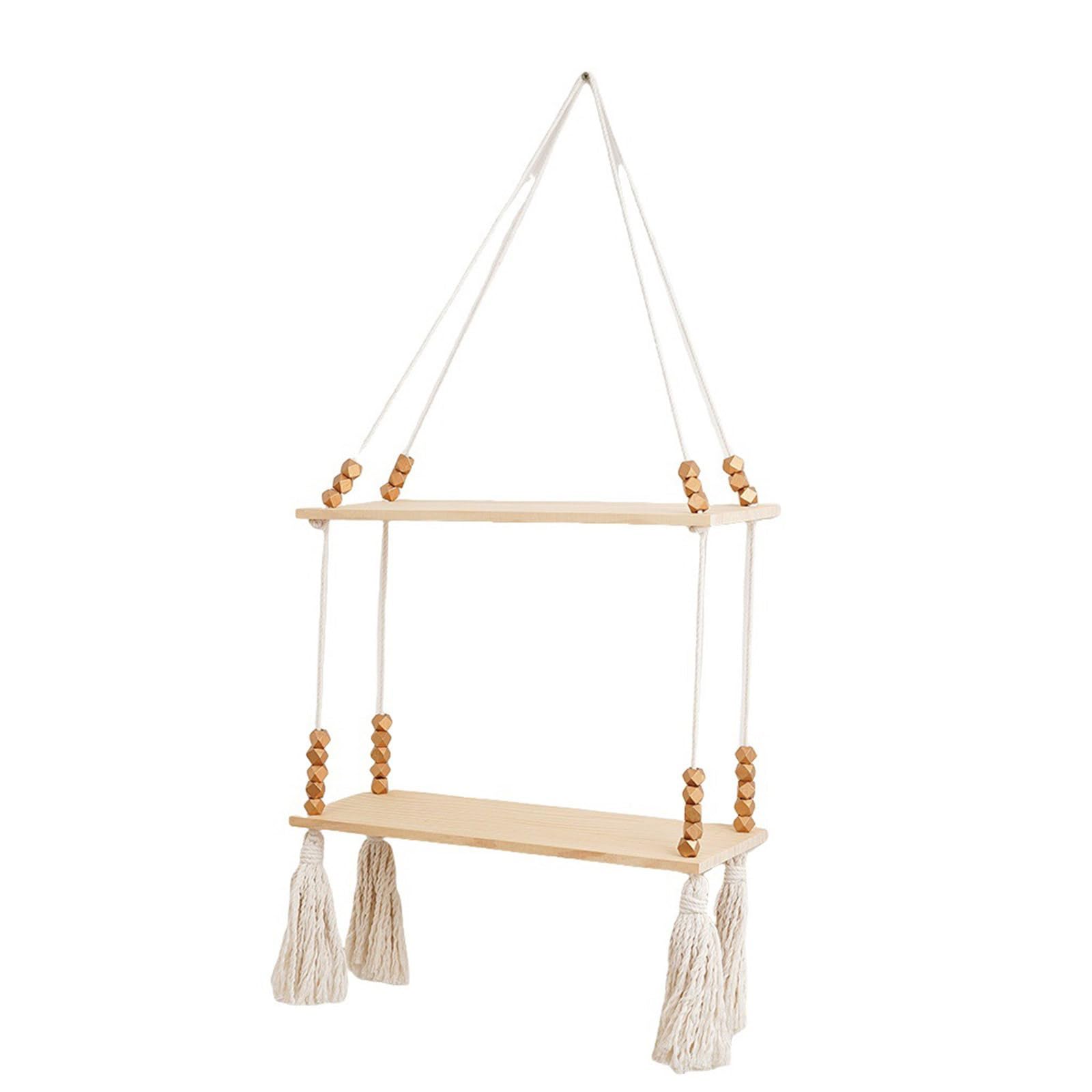 MICFENY Elegant Floating Shelf with Tassels and Wood Beads Decorative Storage Rack for Bedroom or Living Room Decoration