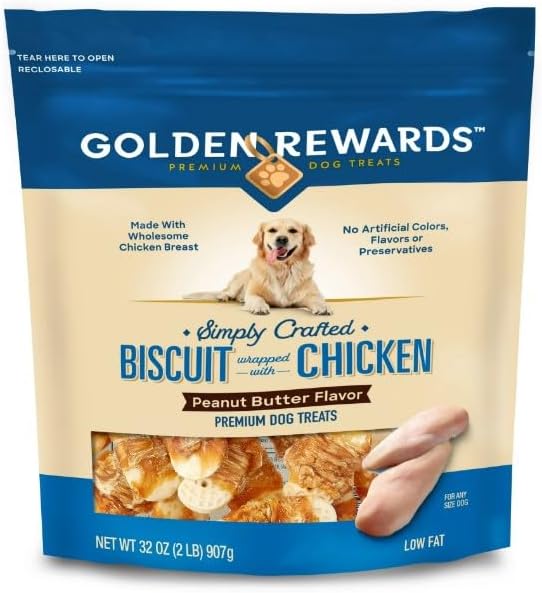 Golden~Rewards Peanut Butter Flavor Chicken Wrapped Biscuit Dog Treats, 32 Oz ~ Low Fat ~ 1 Pack.