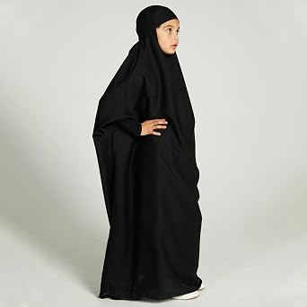 IKADEX Girls Muslim Dress One-piece Abaya Hijab Satin Hooded Kaftan Arabic Islamic Prayer Robe