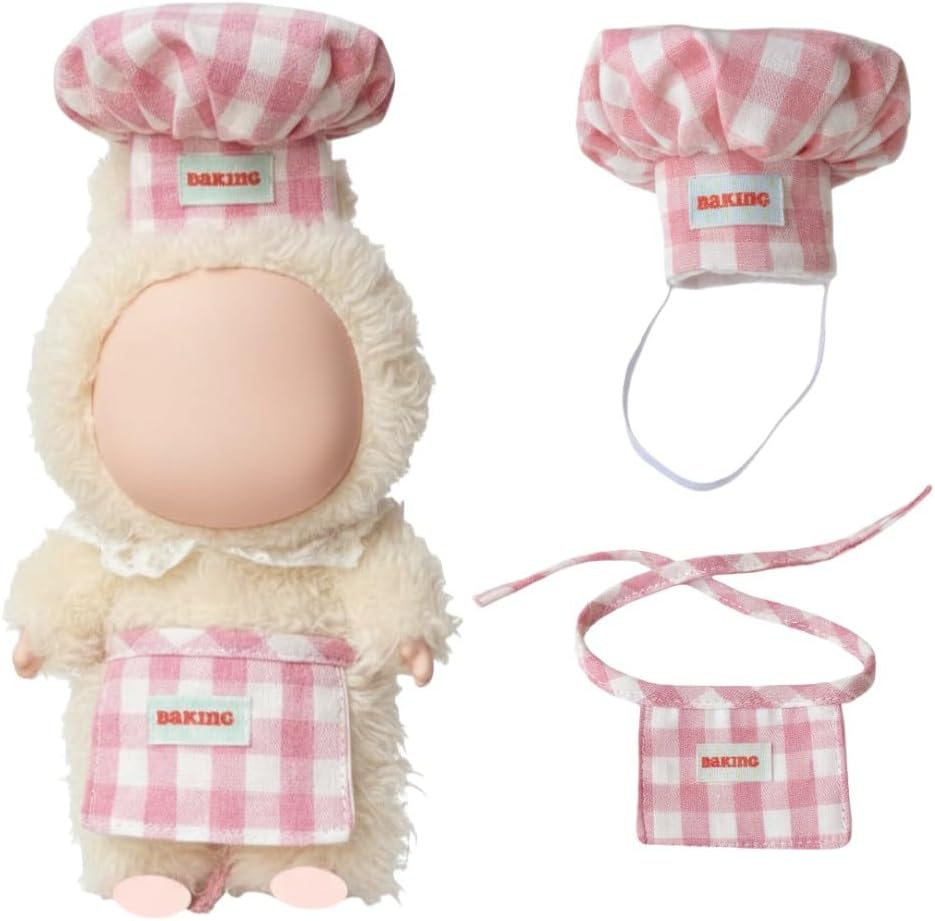 2 Piece Chef Outfit Compatible with Labubu 10cm 15cm 17cm Baking Style Plaid Clothing Display Accessory (Pink)