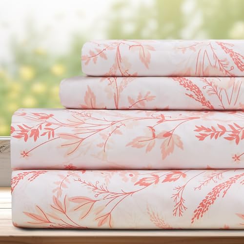 Image of DREAMCARE Queen Sheet Set - 4 pcs Breathable Cooling Sheets - up to 15 inch Deep Pocket Queen Sheets Set with Side Pockets - Extra Soft 100% Brushed Hypoallergenic Hotel Luxury Bedding - Floral Pink