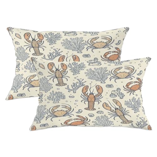 Juego de 2 fundas de cojín de langosta, cangrejo náutico costero, coral, verano, beige, terciopelo suave, lavables, para el hogar, dormitorio, sala de estar, sofá, decoración de 20 x 12 pulgadas