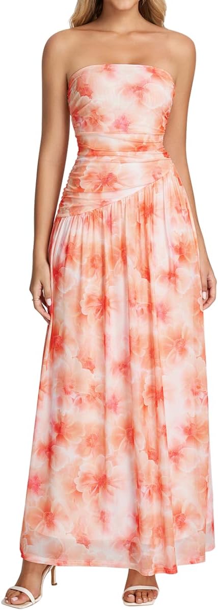 Tube Top Floral Maxi Dress Summer Flowy Strapless Cocktail Wedding Guest Long Formal Dress for Women 2026