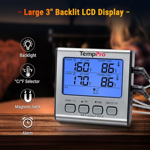 Image of ThermoPro TP-17 Dual Probe Digital Cooking Meat Large LCD Backlight Food Grill Thermometer with Timer Mode for Smoker Kitchen Oven BBQ, Silver