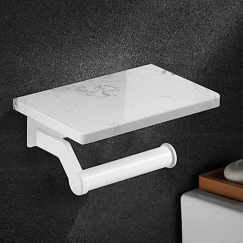 Hoimpro Toilet Paper Holder with Marble Shelf, Wall Mount White