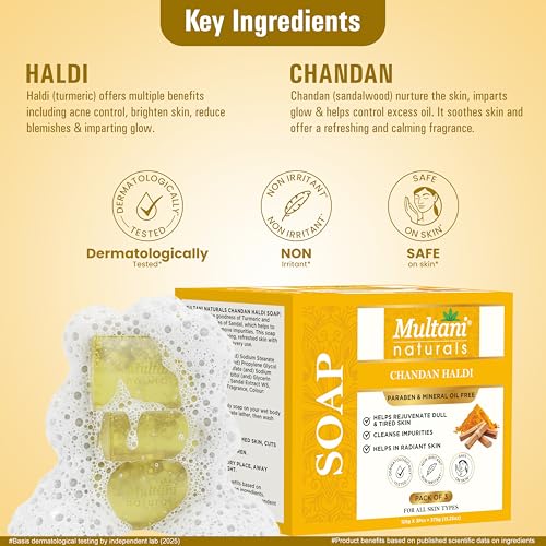 Image of Multani Natural Chandan Haldi Soap - 125 gm (Pack Of 3) | For Hydration & Glow | Paraben Free | Clinically Tested | Helps Rejuvenate Dull & Tired Skin | For All Skin Types | Soap Bar For Men & Women