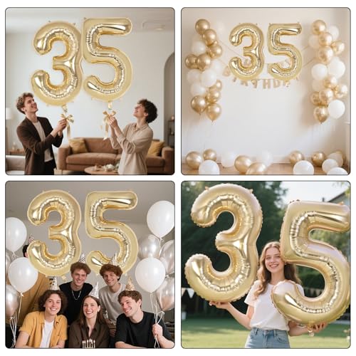 Image of Champagne Large Number 35 Balloon, 40 Inch Light Gold Foil Helium Number Balloons, Giant Mylar Number 35 Balloons for 35 Years Old Birthday Party Anniversary Decorations (Champagne Gold 35)