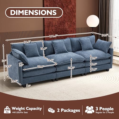 Image of Ihanherry 111.4 Inch 3-Seater Cloud Sofa, Modular Sectional Couch, Modern Deep Seat Sofa for Living Room, Comfy Double Layer Upholstered Seat Cushion, Breathable Chenille Fabric, Blue