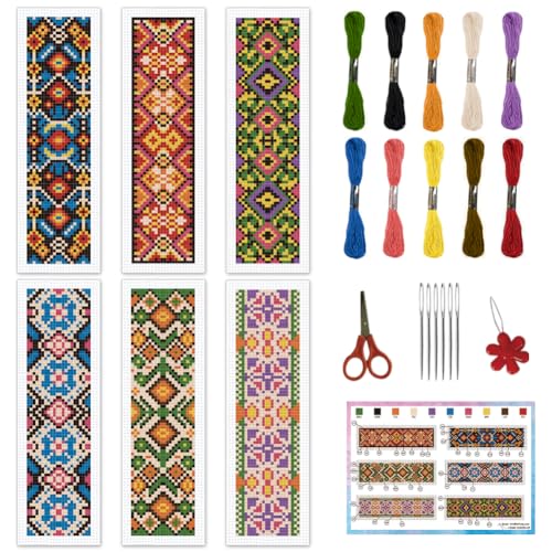 Image of INFUNLY 6PCS Colorful Flower Cross Stitch Bookmark Kit for Adults 8.66 inchx3.15 inch Plaid Flowers Ethnic Embroidery Bookmark Kit Geometric Pattern Counted Cross Stitch Kit with Instruction for Book Lovers
