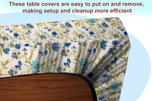 Image of The Furnishing Tree Elastic Cotton Rectangular Dining Table Cover 30x48 in Inches Floral Blue Leaf on offwhite Base