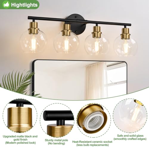 Image of Indoi 4-Light Bathroom Light Fixtures, Black and Gold Bathroom Lights Over Mirror with Clear Glass Globe Shade, Vanity Lights for Bathroom Kitchen Living Room Hallway Cabinet Bedroom Porch