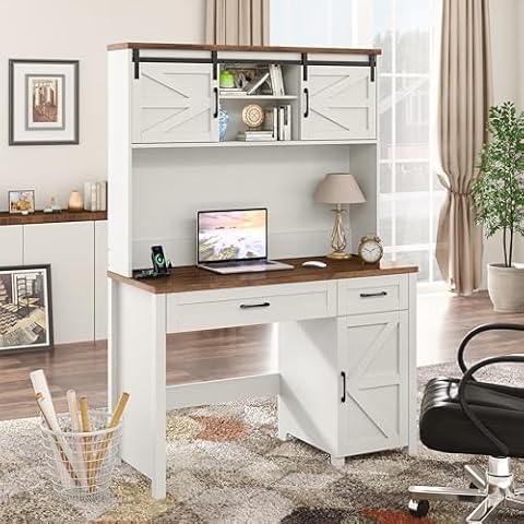 Befrases Farmhouse 47" Executive Desk, White Computer Desk with 2 Drawers and Storage Cabinet, Home Office Desk with Hutch, Charging Hub, Workspace for Work and Study. Cover