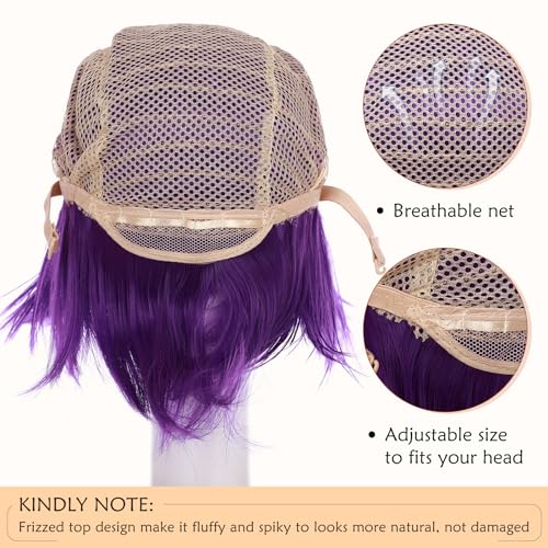 Image of S-noilite Unisex Short Purple Wig Women Men's Anime Cosplay Wigs Straight Synthetic Hair Short Layered Fluffy Pixie Full Wig for Halloween Comic-cons Costume Party (Purple)