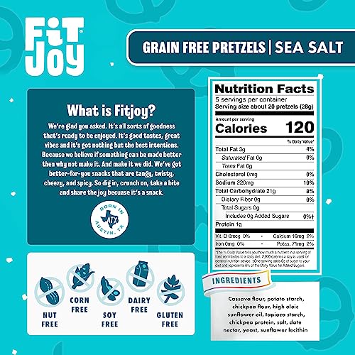 Image of FitJoy Sea Salt Pretzels (Pack of 6, 5 Oz) - Dairy, Nut & Gluten Free Snacks - Grain Free Cassava Root & Chickpea Flour Vegan Pretzel Twists - Classic Snack Pretzels for Moms, Children and More