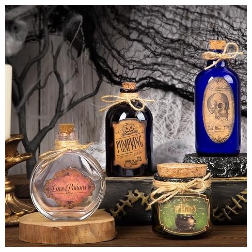 31+ Magical Decor Ideas for a Witchy Living Room 6 HOHUCRAB Potion Bottles Halloween Decoration, Set of 4 Glass Potion Bottles with Corks and 10 Halloween Bottle labels, Halloween Tiered Tray Decor, Halloween Decorations Indoor