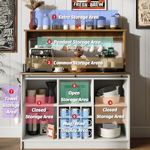 4ever2buy-Farmhouse-Coffee-Bar-Cabinet-with-9-Wine-Racks-and-6-Hooks-47-Inch-Coffee-Bar-Cabinet-with-Storage-White-Kitchen-Coffee-Cabinet-with-Hutch-and-Sliding-Barn-Door-for-Living-Dining-Room 4ever2buy Farmhouse Coffee Bar Cabinet with 9 Wine Racks and 6 Hooks 47 Inch Coffee Bar Cabinet with Storage White Kitchen Coffee Cabinet with Hutch and Sliding Barn Door for Living Dining Room