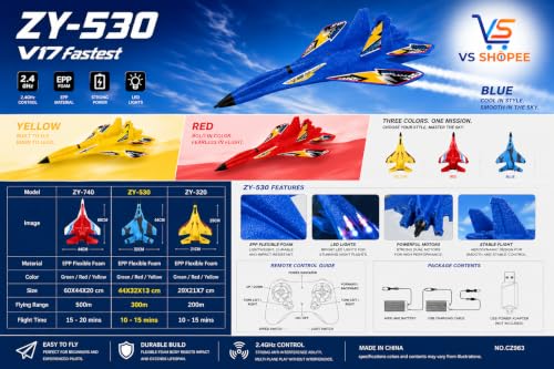Image of ZY-530 RC Fighter Jet, 2.4GHz Radio Control Airplane, EPP Foam, LED Lights, 6-Axis Gyro, 44x32x13 cm, for Kids & Beginners