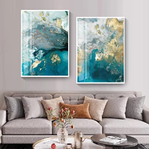 Affiche aquarelle bleu doré pour salon moderne, toile abstraite déco chic 60x90cm