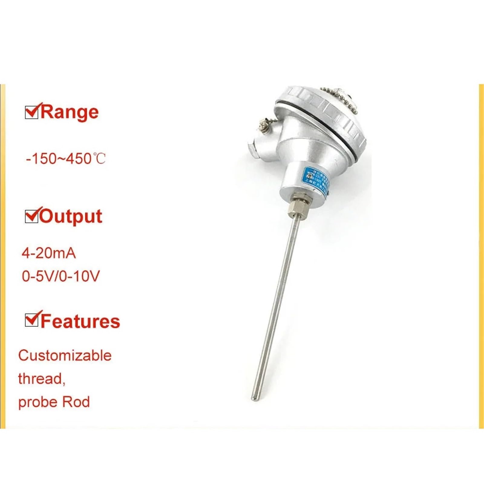 Resistencia térmica Pt100 Sensor de temperatura Sensor de temperatura transmisor de temperatura integrado 4-20ma 1 Uds(Probe 200mm)