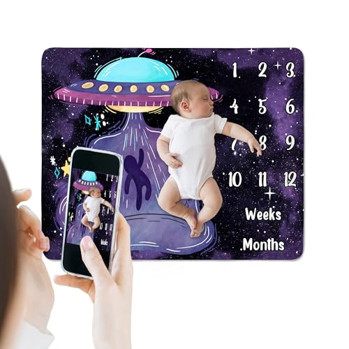 Image of UFO Baby Monthly Milestone Blanket Spaceship, Purple Galaxy, 48x40in | Soft Flannel, Alien Spaceships, Newborn Mom Gifts, Baby Shower Age Growth Tracker with Bonus Maker, Photography Props