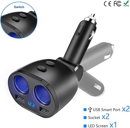 Cargador de Coche, Rocketek Doble Puertos USB 2.4A(Smart), 80W 12V / 24V Dos Tomas de Mechero y Interruptor Encendido/Apagado, para iPhone iPad, Android Samsung, GPS, Dashcam Cargador de Coche, Rocketek Doble Puertos USB 2.4A(Smart), 80W 12V / 24V Dos Tomas de Mechero y Interruptor Encendido/Apagado, para iPhone iPad, Android Samsung, GPS, Dashcam