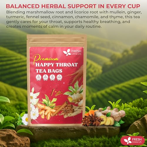 Image of Premium Happy Throat Herbal Tea - 75 Bags Of Supper Tea Blend: Marshmallow Root, Slippery Elm & Ginger - Dry & Sore Throat Relief - Caffeine-Free, No Honey, No Citrus - No Sugar