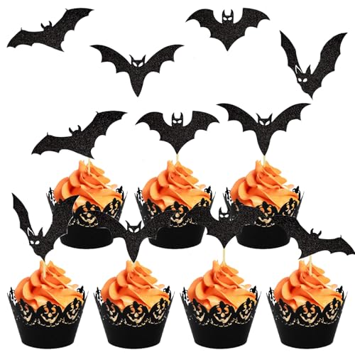 24 Stück Halloween Cupcake Toppers, 4 Designs Fledermaus Deko, Tortendeko Schwarz, Halloween Party Deko, Halloween Deko, Horror Deko, Cupcake Deko, Muffin Topper, Halloween Horror Deko Torten