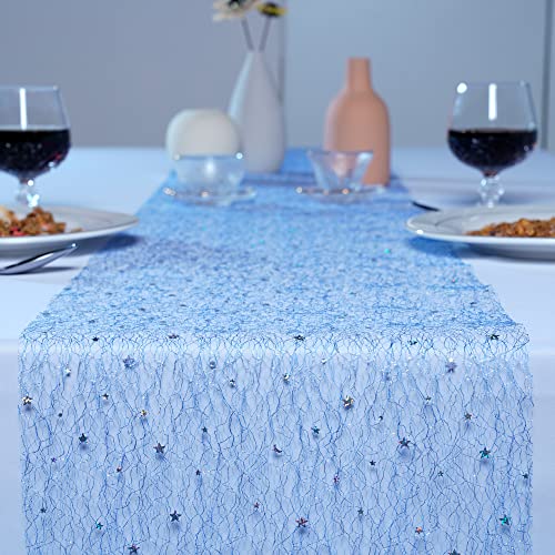 Osvino Teal Blue Metallic Table Runner 11Inch X 33Feet Glitter Sequin Mesh Table Runner Roll Sparkle Foil Thin Table Decor Centerpiece For Wedding Bridal Shower Baby Shower Birthday Party #TOP2