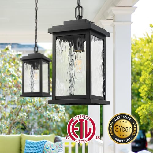 Image of Gleamz Large Outdoor Pendant Lights, Black with Dusk to Dawn Sensor | Outdoor Pendant Lights for Porch, Aluminum Waterproof Exterior Hanging Lighting Fixtures for Balcony, E26 Socket, No-Solar