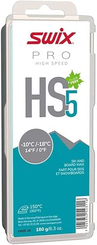 Swix HS05-18 - Cera de alta velocidad - Turquesa HS5 - 0 a 14 grados Fahrenheit - Barra de 6.35 oz - Libre de flúor - Esquí o snowboard - Aprobado