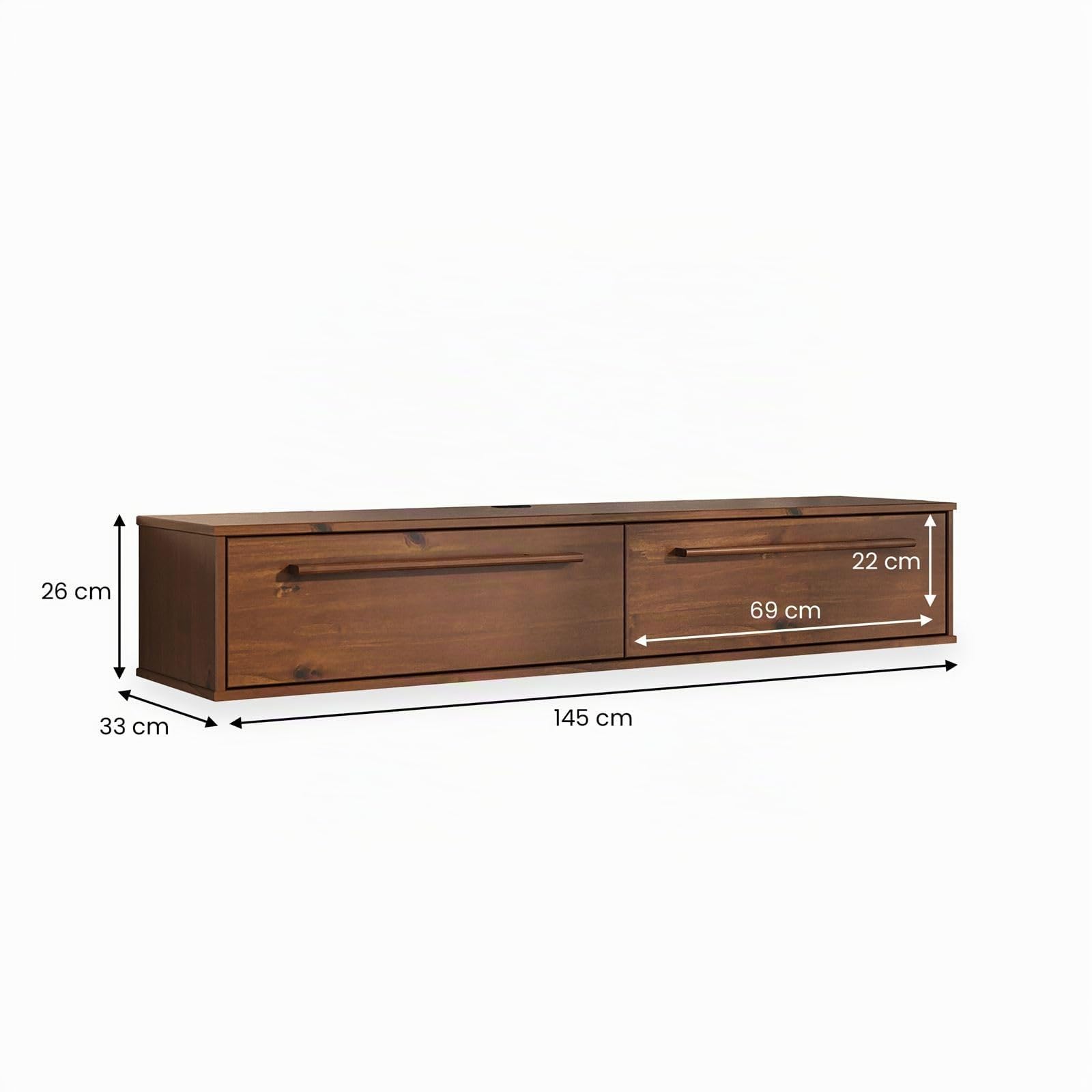 IDIMEX Lowboard TECCA 145 cm mit 2 Türen, Kastanie Finish – hängendes TV Board aus massivem Kiefernholz, modernes Design mit Klappenbeschlägen, platzsparend für Wohnzimmer & Flur