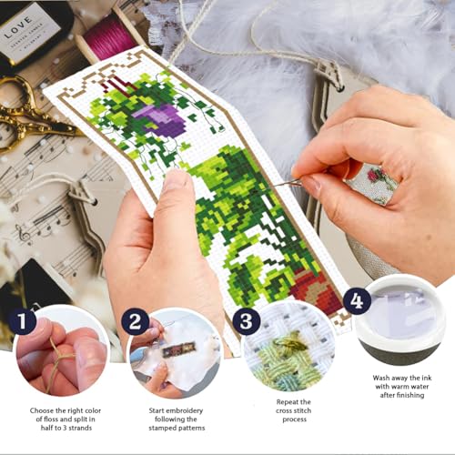 Image of INFUNLY 6PCS Flower Plants Cross Stitch Bookmark Kit for Adults Tulip Sunflower Cross Stitch Kits DIY Crossstitch Kit Green Leaf Stamped Embroidery Bookmark Kits with Instructions for Book Lovers
