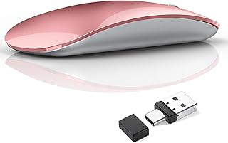 Uiosmuph Wireless Mouse, USB C Rechargeable Computer Mouse, Slim Silent Mice 2.4GHz Optical with USB Nano Receiver and Type C Receiver for Laptop/Mac/PC(Rose Gold)