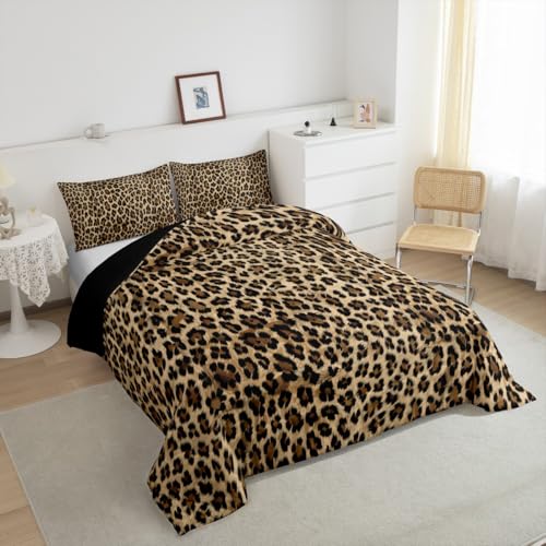 Image of Feelyou Kids Leopard Print Comforter Set Twin Size, Cowhide Bedding Set Boys Girls Brown Cow Fur Comforter Animal Duvet Insert Kids Room Decor 3Pcs