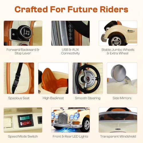 Image of Toyzone Vintage Electric Ride on Car TZ-128 (Creame) | Frequency 2.4 Ghz |Lights and Music | Seat Belt for Safety |Perfect Tyre Grip | Make in India | Indoor and Outdoor Toy