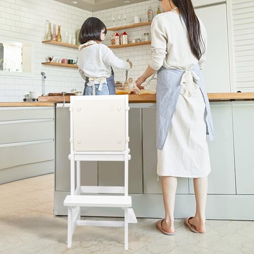 Image of Kitchen Step Stool for Toddlers with Non-Slip Mat, WOOD CITY Wooden Kids Montessori Learning Stool Tower, Toddler Standing Tower Helper for Kitchen Counter and Bathroom Sink(White-Adjustable)