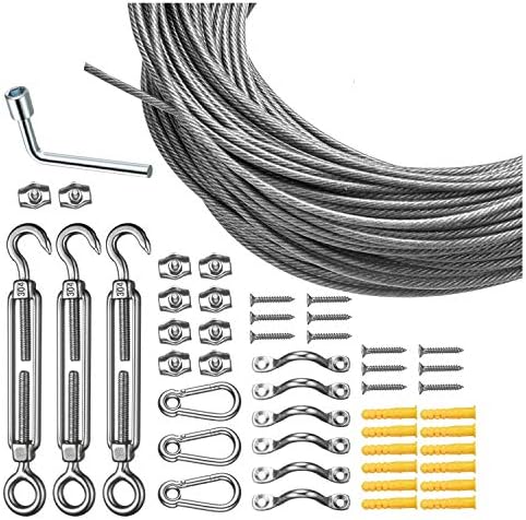 EFGTEK 165 Feet String Lights Hanging Kit,Globe String Light Suspension Kit,Outdoor Light Guide Wire Rope,Vinyl PVC Coated 304 Stainless Steel Wire Cable with Turnbuckles,Screws and Hooks