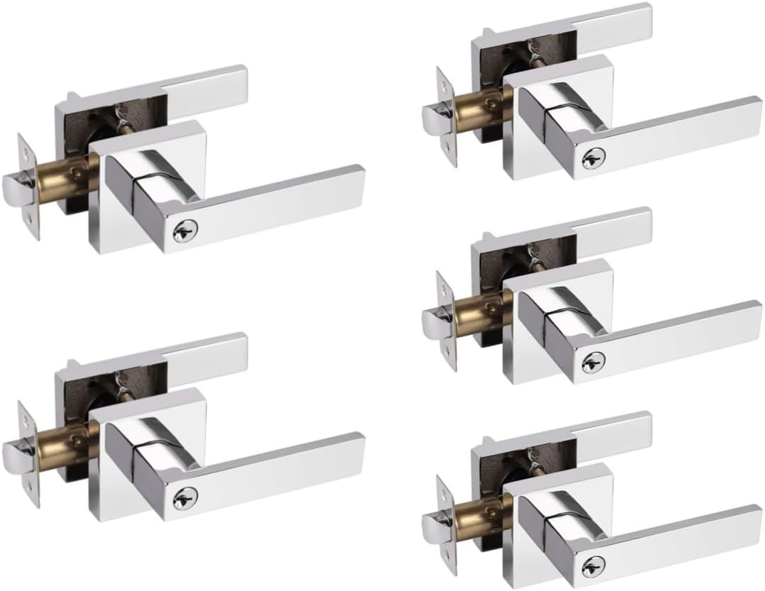 Probrico Keyed Alike Entry Lever Door Locks in Polished Chrome, Square Keyed Entrance Handles with Keys, Heavy Duty Interior Exterior Keyed Lockset for Right/Left Handed Doors, 5 Pack