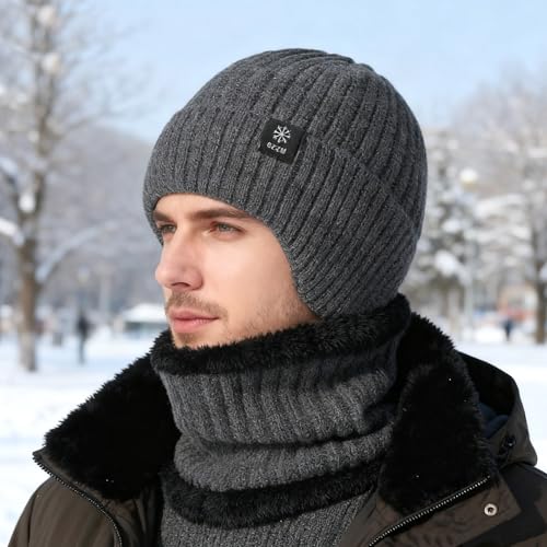 FOSDICK Mütze, Schal & Handschuh-Sets für Herren Damen, Beanie Mütze Herren Winter Schlauchschal Touchscreen Handschuhe, Wintermütze Halswärmer Gloves, Strickmützen Neckwarmer Thermo Handschuhe, Grau