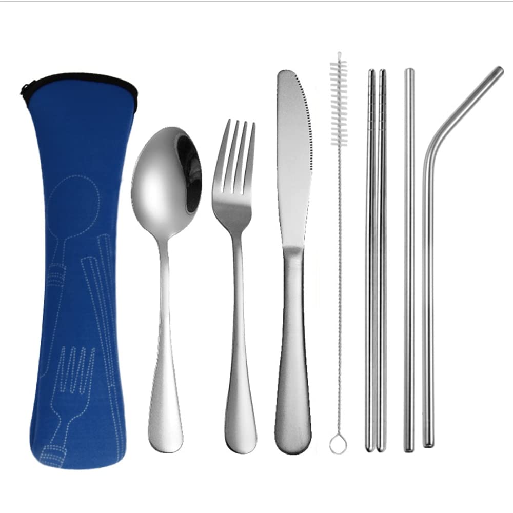 Geschirr 7-teiliges Besteck-Set tragbares Edelstahlbesteck mit wasserdichter Tasche für Büro, Schule, Camping, Gabel, Löffel, Messer, Essstäbchen, Abendessen (Color : 7PCS Blue Silvery) little