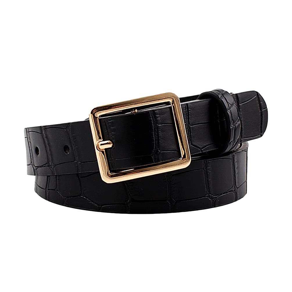 Junhouse Classic Fashion Crocodile Pattern Belt for Women Skinny Leather Jeans Belts Thin Waist Belts Madrid Belt for Jeans Dresses (Black)