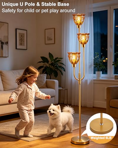 Image of Lightdot 66IN 3-Lights Modern Glass Floor Lamp Gold Dimmable Floor Lamps with 3000K Warm White Bulbs for Wedding Party Tall Standing Lamp with Amber Glass Shade for Living Room /Bedroom /Home Decor