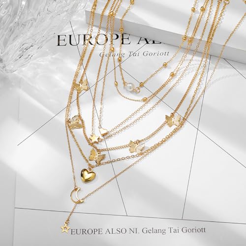 GIGB PBDK Layered Butterfly Necklace Set for Women Trendy Stars Moon Cross Pearl Heart Gold Chain Adjustable Stackable Gold Statement Choker Necklace Dainty Jewelry Gift Set 6