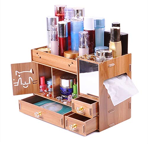 ANDER Makeup Organizer Wooden Dresser Organizer, Lipstick Organizers and Storage with Mirror, Makeup Storage Drawers Built-in Mirror Ring Earring Necklace Organizer Storage Case(Wooden Grain)