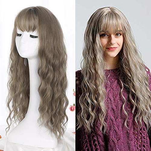 Fdsweetzj Girl's gray Glueless Natural Fluffy Curly Wavy Wigs Hair. Bangs Long Synthetic Heat Resistant Fiber Wave Cosplay Party Wigs for Black Women (Aoki linen gray Color 24 Inch)