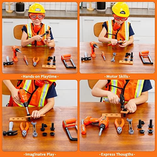 JOYIN Construction Worker Costume Role Play Tool Toys Set for 3-6 Years Old Kids, Great Educational Toy Gift for Christmas and Birthday Orange