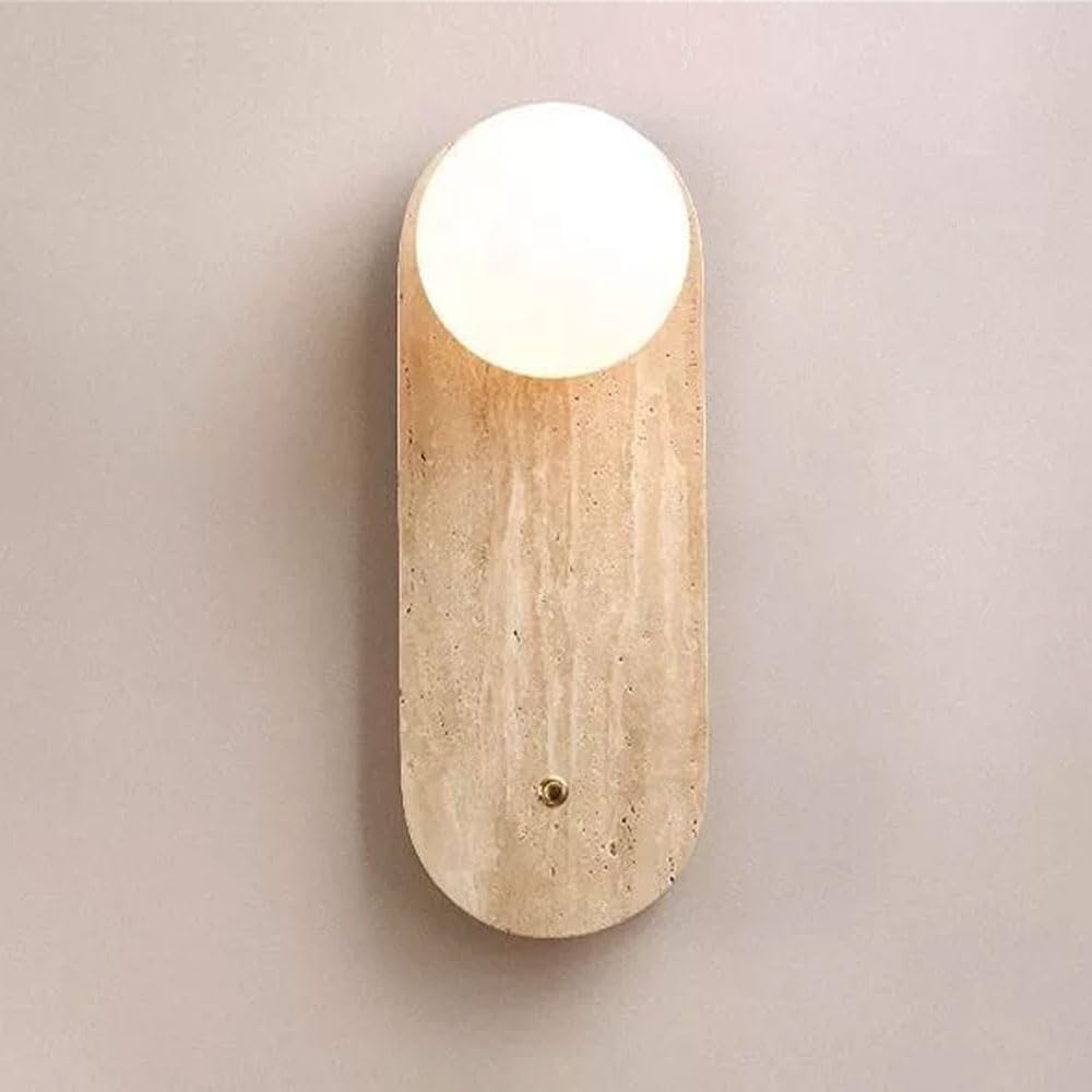 JISHUBO Wabi Sabi Style Yellow Travertine Wall Lamp, G9 Light Source Spherical Glass Lampshade Wall Light, Hardwired Indoor Wall Sconce, Restaurant Living Room Bedroom Wall Mounted Lighting Fixtures