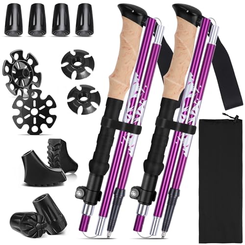 WILLONG Bastones Trekking 2pcs Bastones de Senderismo Ajustar la Longitud 110–135 cm,Palos Trekking Plegables con Mango de Corcho, Bastones Marcha Nordica para Senderismo Alpinismo Trail Viaje(Morado)