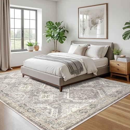 KUTA Ivory Grey Yellow Oriental Medallion Area Rugs 9x12 Living Room, Non-Slip Extra Large Rugs 9x12 for Bedroom, Washable Dining Room Carpet 9 by 12, Low-Pile Soft Printed Vintage Floral Throw